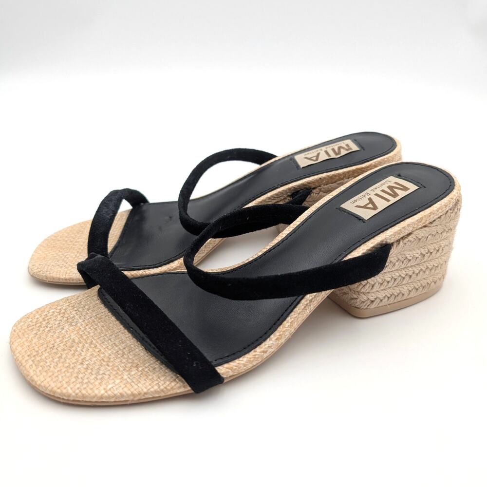 MIA Black and Natural Woven Block Heel Sandals